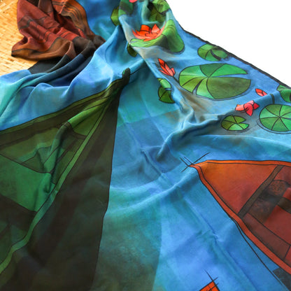 Boats and Lotus - Silk Stole - Tohfa Shofa™